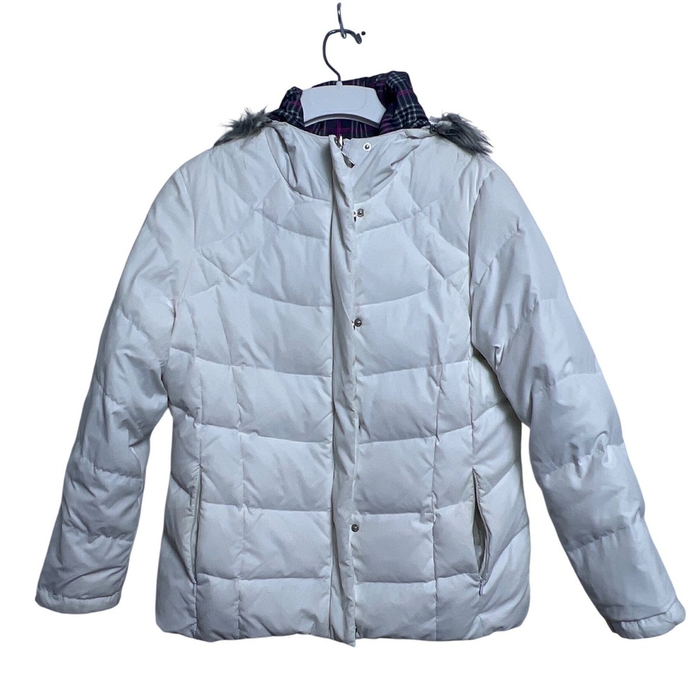 Free Country Women Reversible Puffer Coat Whte Faux Fur Hood Quilted Zip Front L